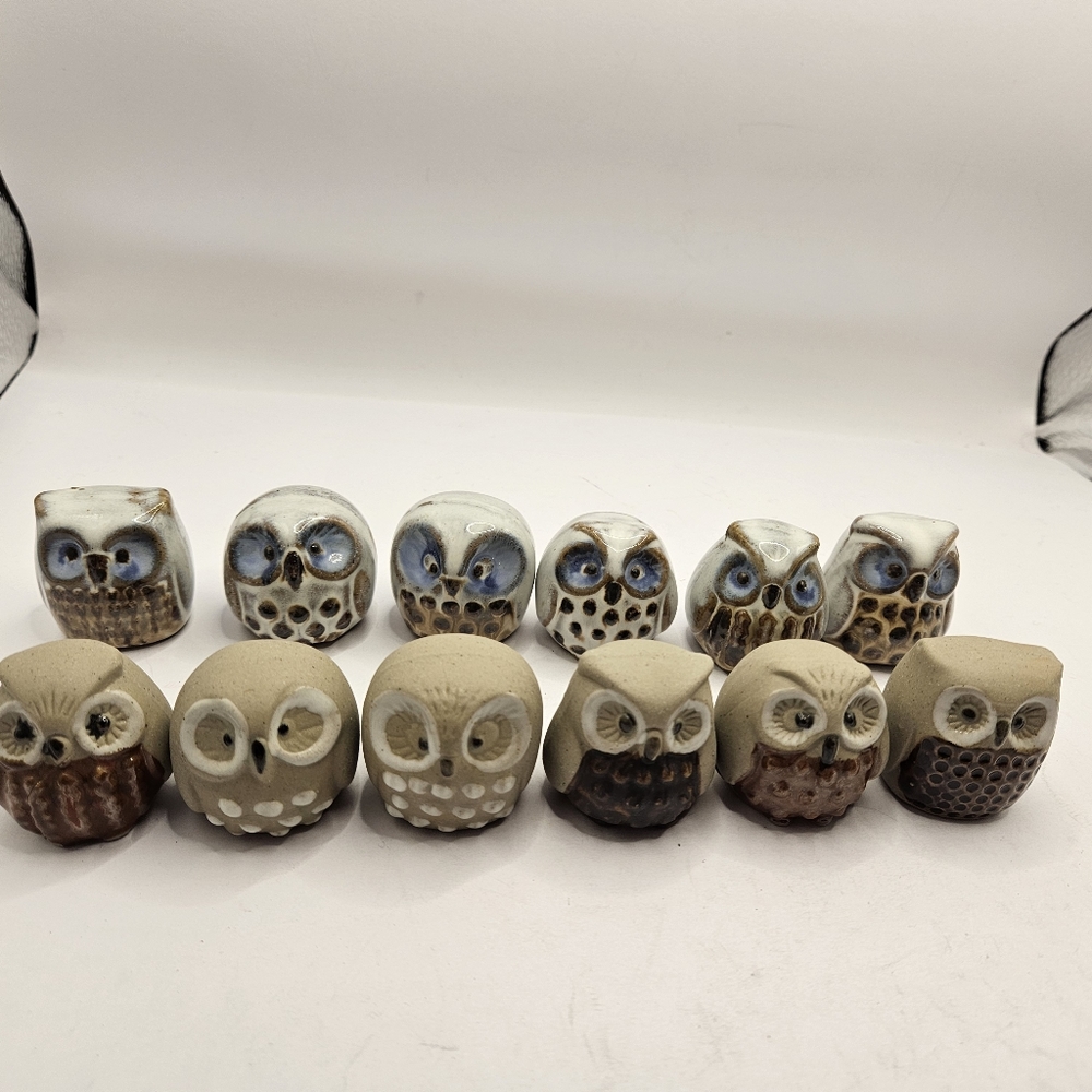 12 Vtg Retro Mini Big Eyed Owls Ceramic & Terra-cotta Glazed Figurines 1.25”. 